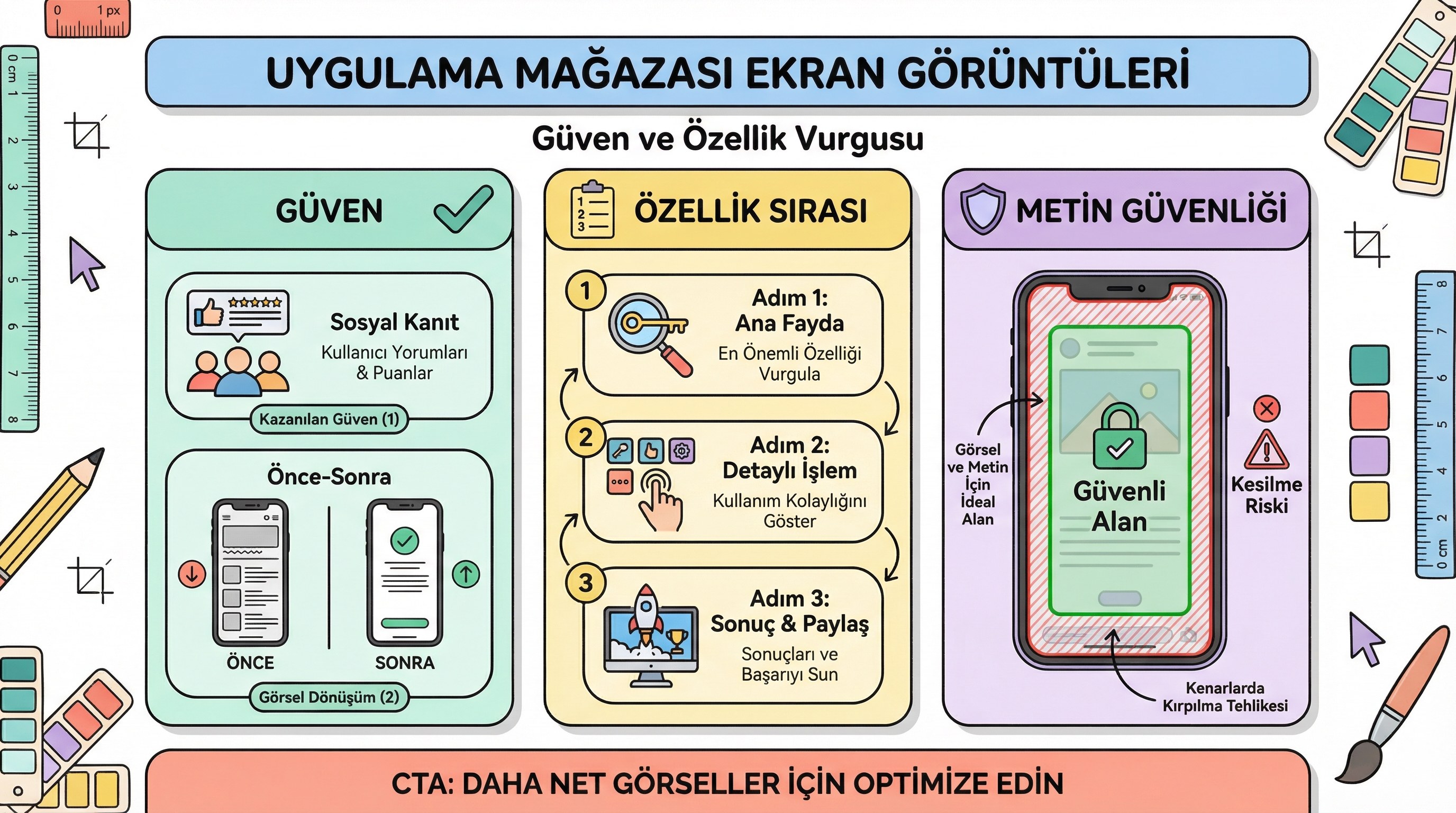 App Store ve Google Play ekran görüntüleri: güven ve özellik vurgusu için kare düzeni.