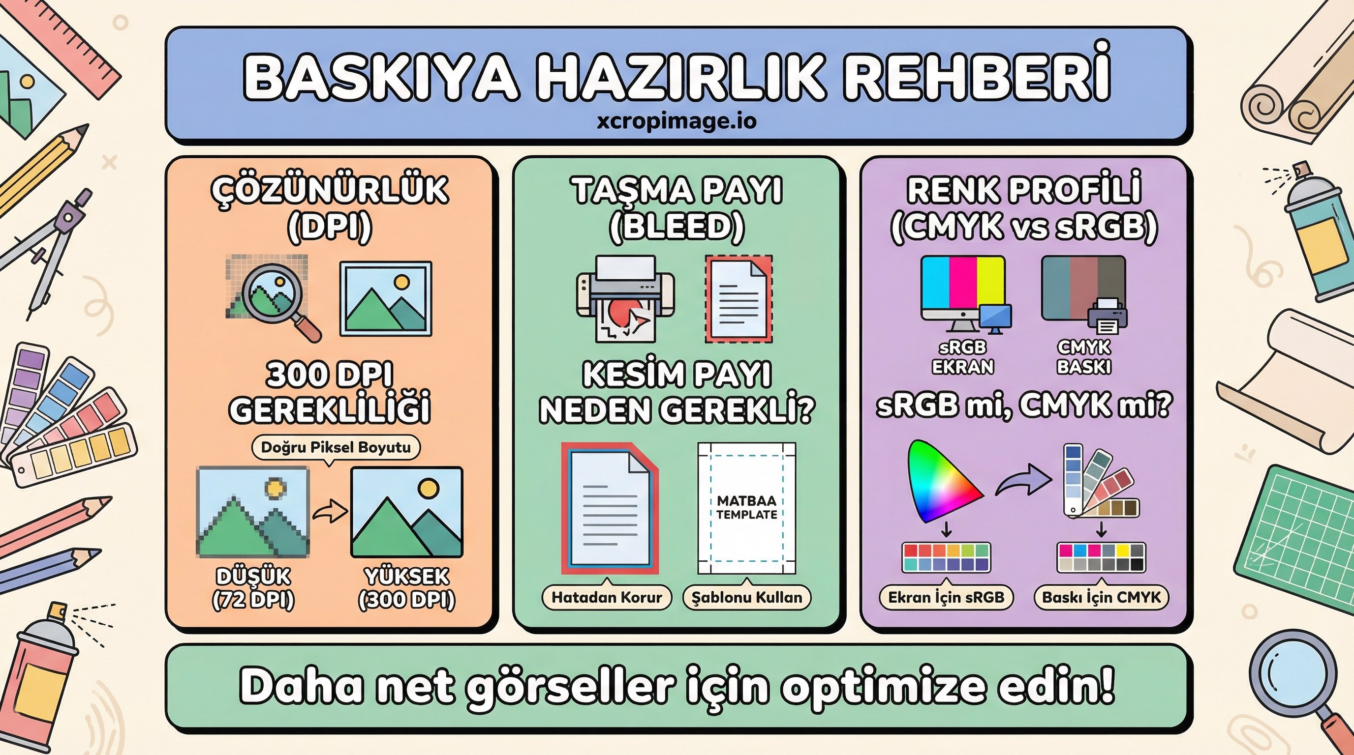 Baskıya göndermeden önce: çözünürlük, bleed ve renk profili (CMYK vs sRGB) kısa rehber.