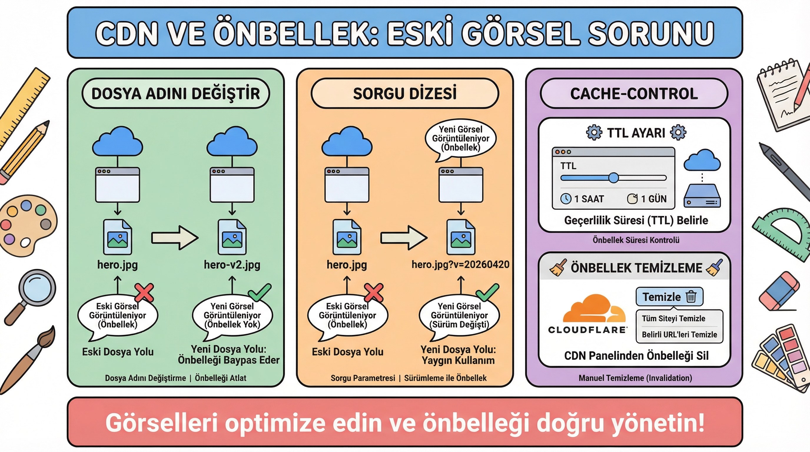 CDN ve önbellek: görsel güncellemesinden sonra kullanıcıların eski görsel görmesi.