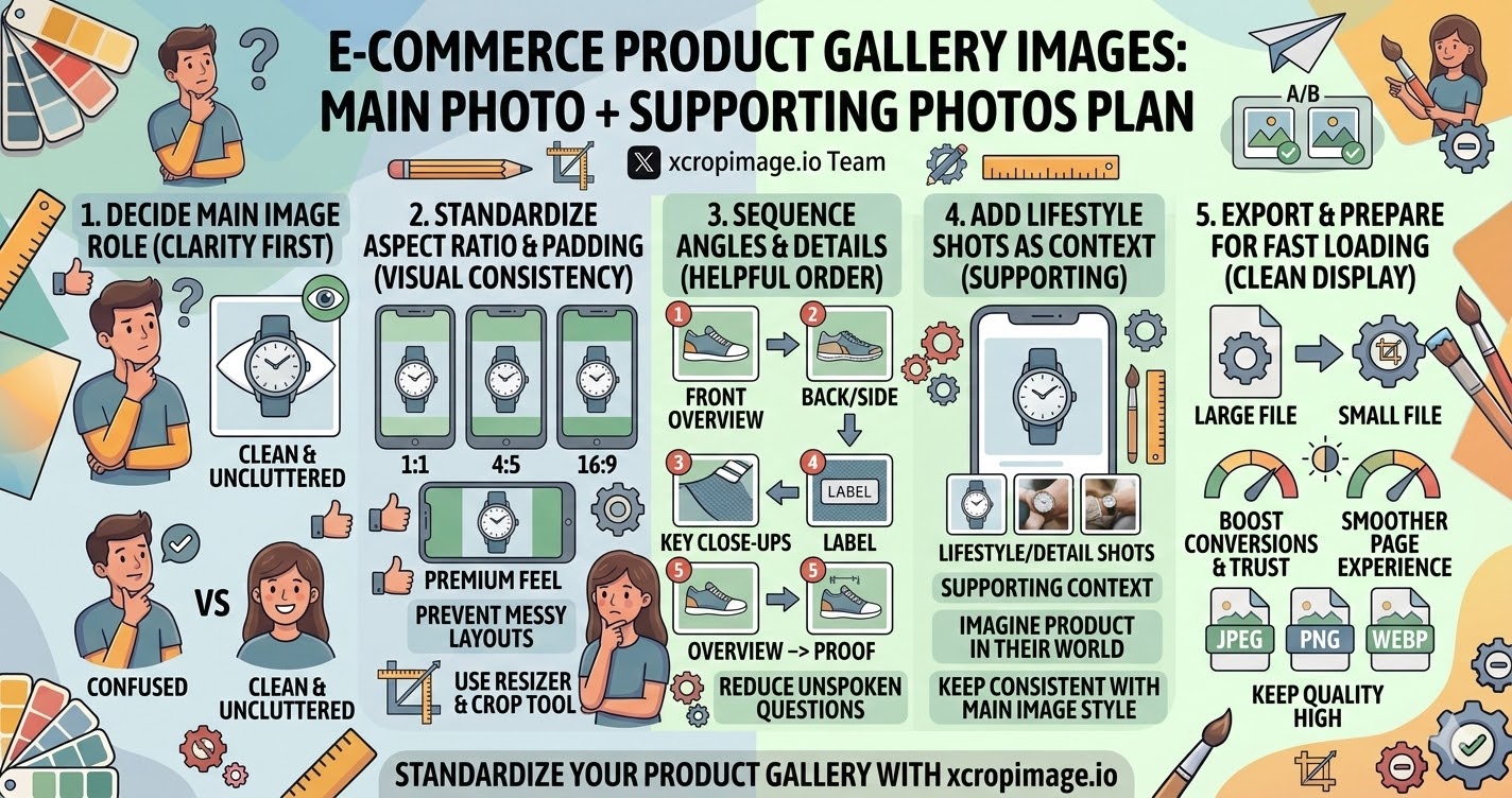 E-commerce product gallery images main photo and supporting photos plan.