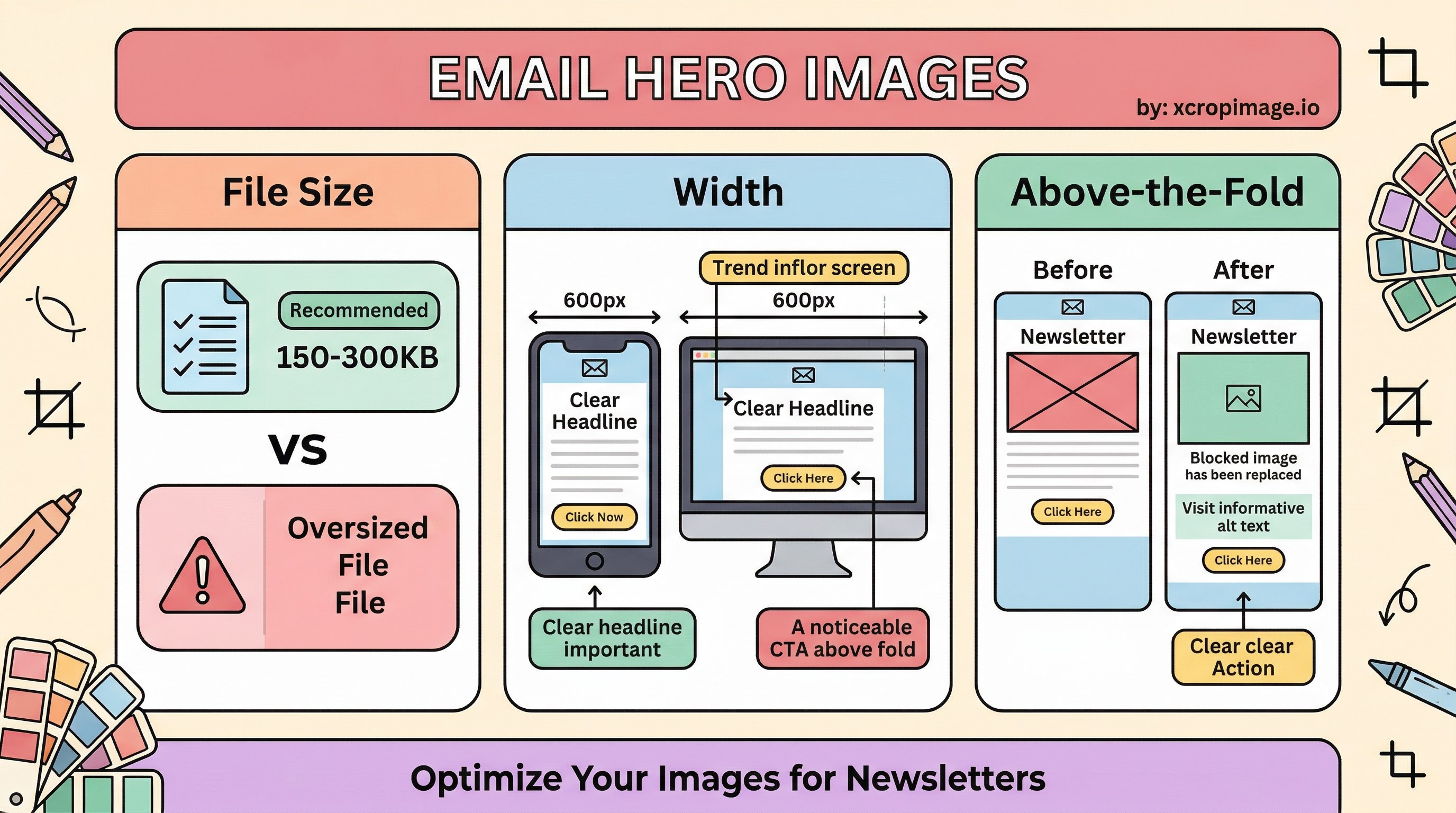 Email newsletter hero images: file size, width, and above-the-fold layout.