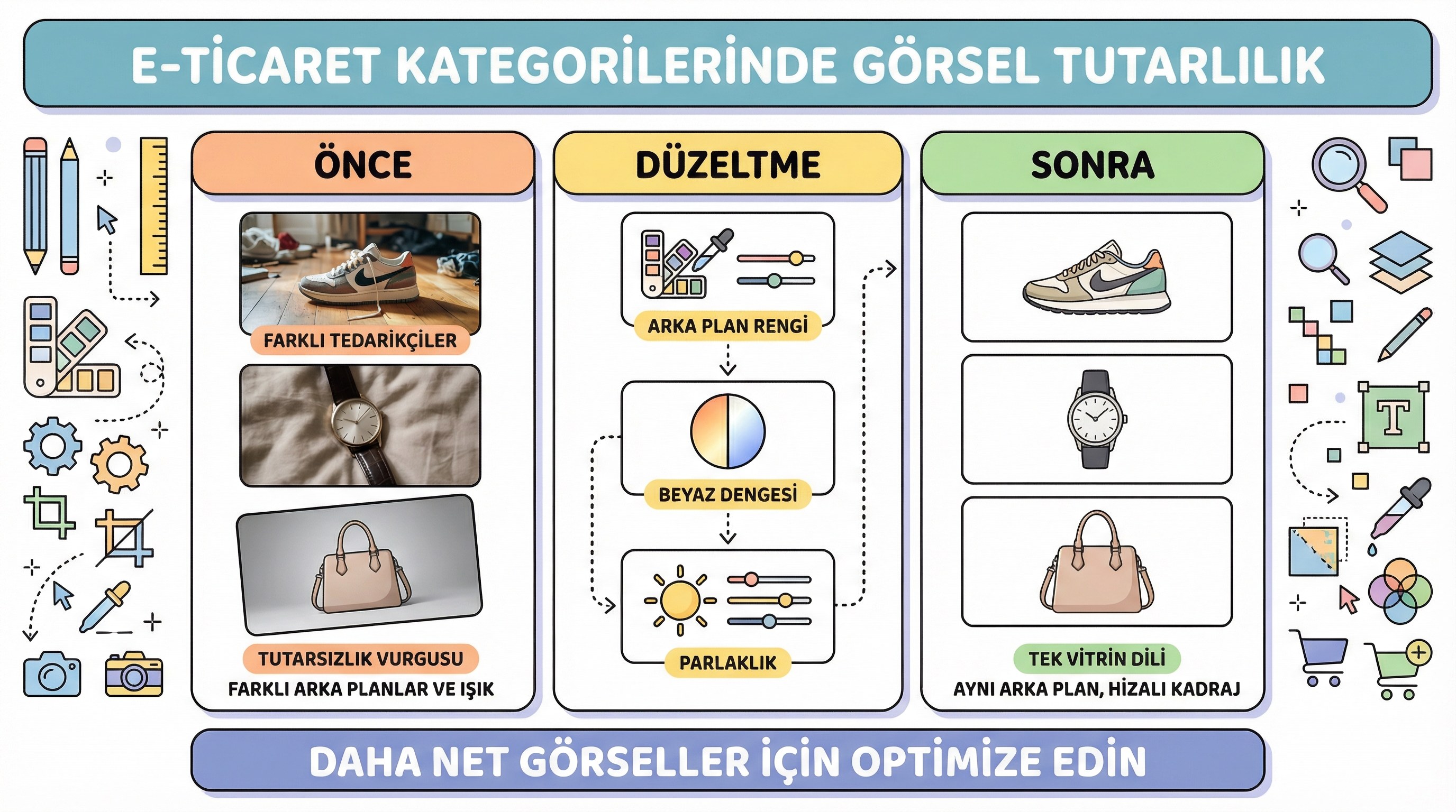 E-ticaret kategorilerinde görsel tutarlılık: farklı tedarikçilerden gelen fotoğrafları hizalamak.