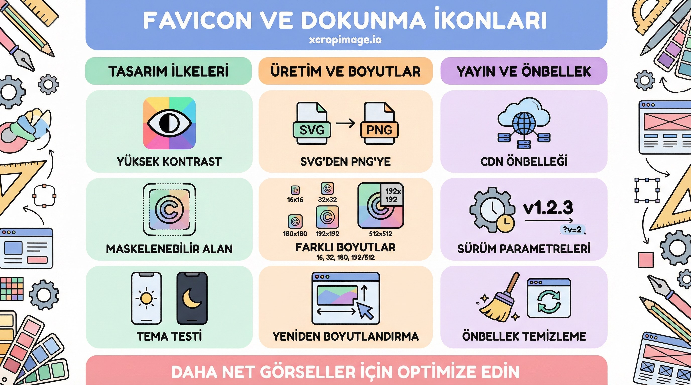 Favicon ve dokunma ikonları: markanın küçük ölçekte okunabilir kalması.