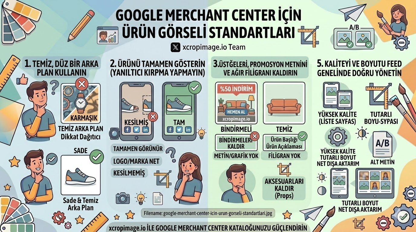 Google Merchant Center için ürün görseli standartları kontrol listesi.
