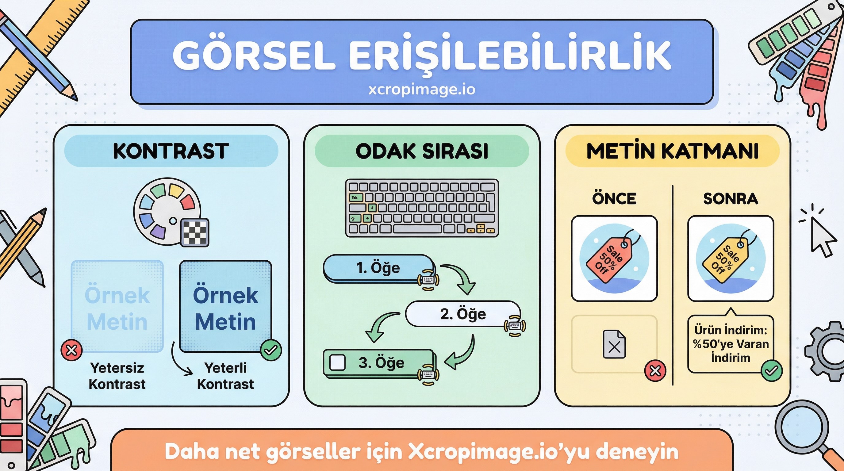 Görsel erişilebilirlik: alt metnin ötesinde kontrast, metin katmanı ve odak sırası.