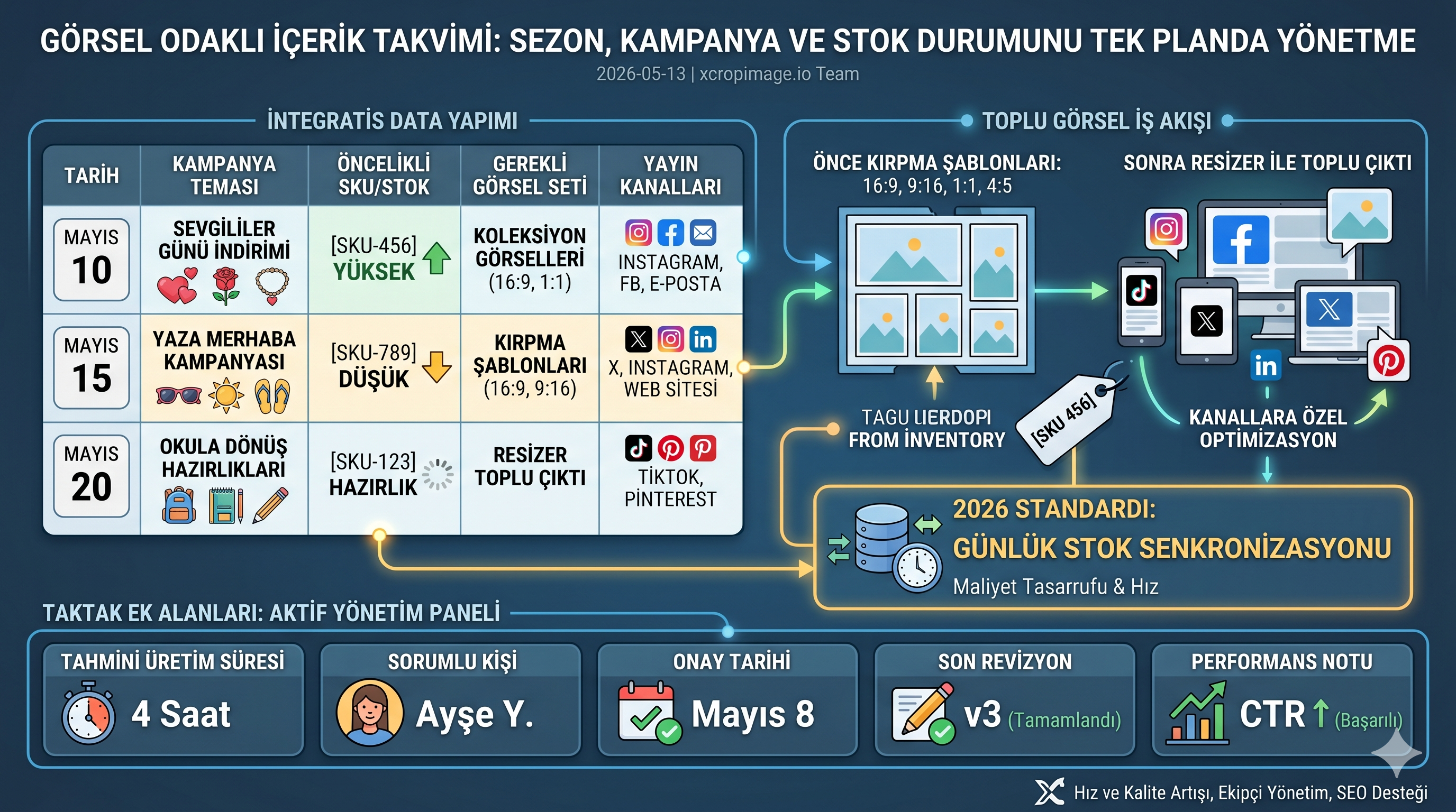 Görsel odaklı içerik takvimi ile sezon, kampanya ve stok yönetimi.