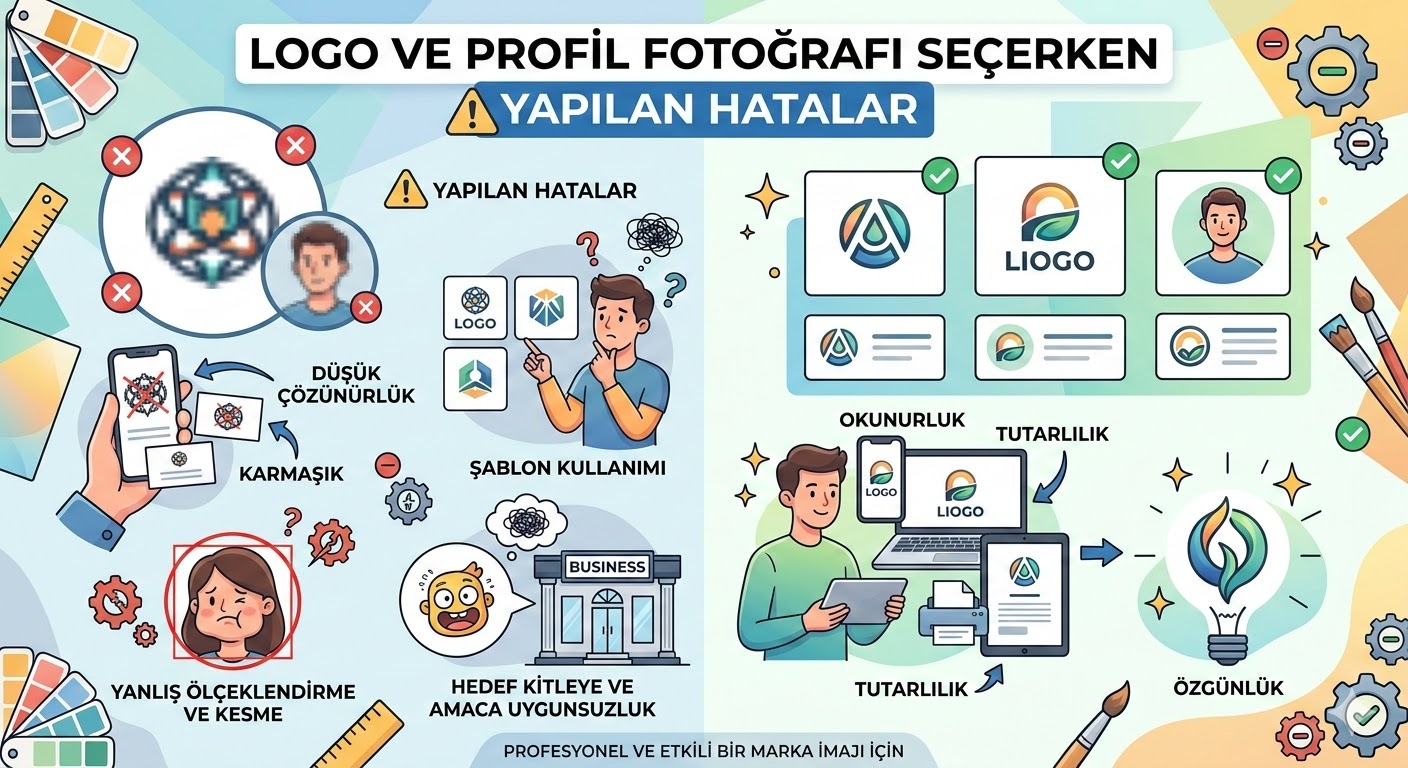 Logo ve profil fotoğrafı seçerken yapılan yaygın hatalar: boyut, oran, netlik ve tutarlılık.