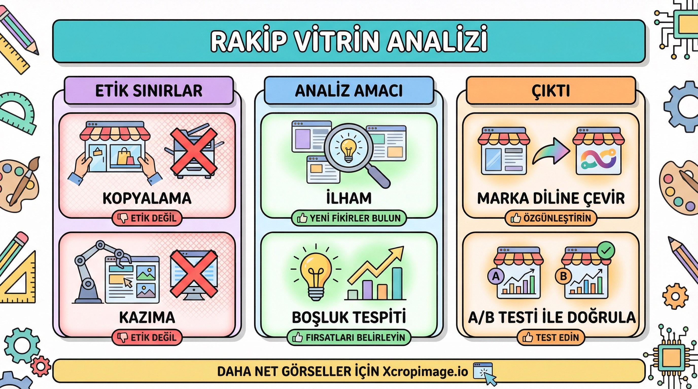 Rakip vitrin analizi: görsel dil, teklif sunumu ve farklılaşma (etik çerçeve).