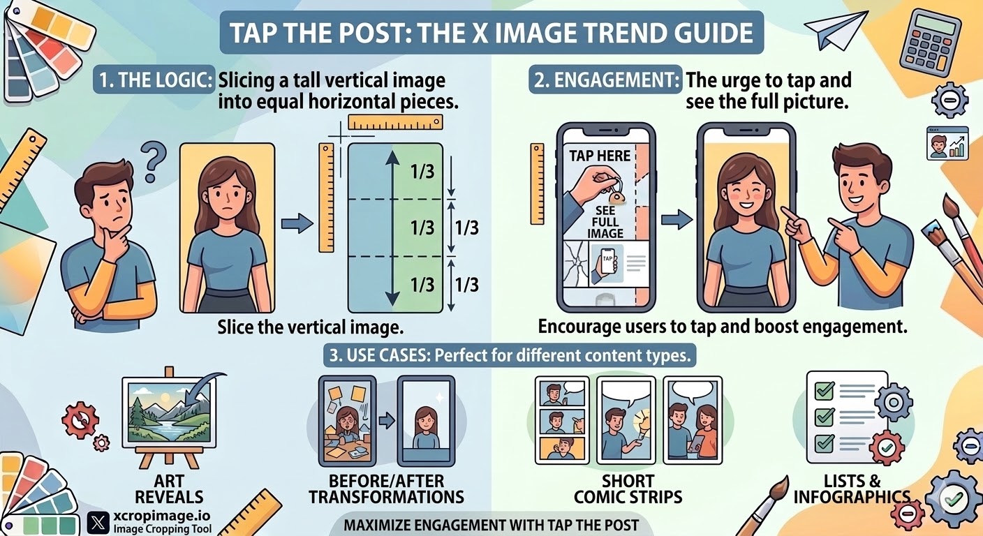 What is the viral 'tap the post' or 'tap to see it' trend on X, and how to boost engagement by splitting a vertical image into a grid? Guide and tips.