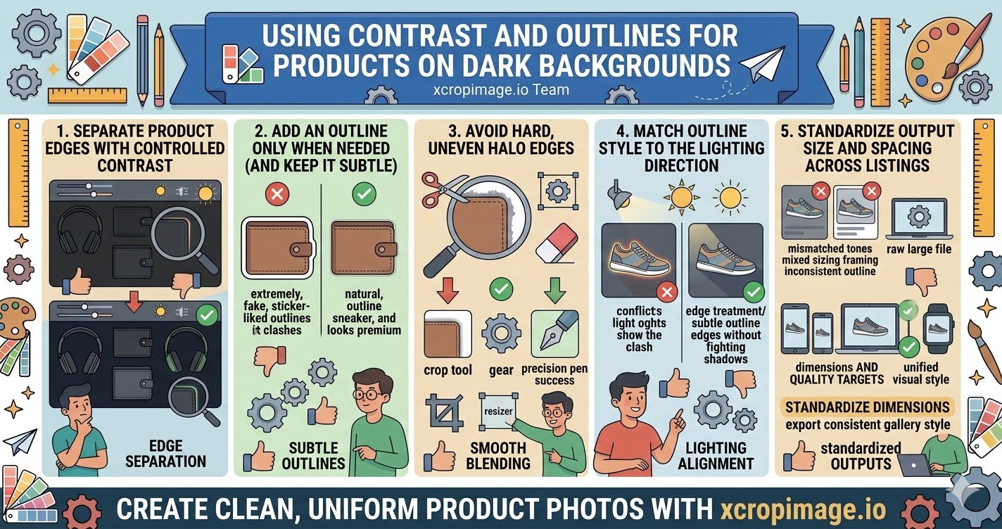 Using contrast and outlines for products on dark backgrounds.